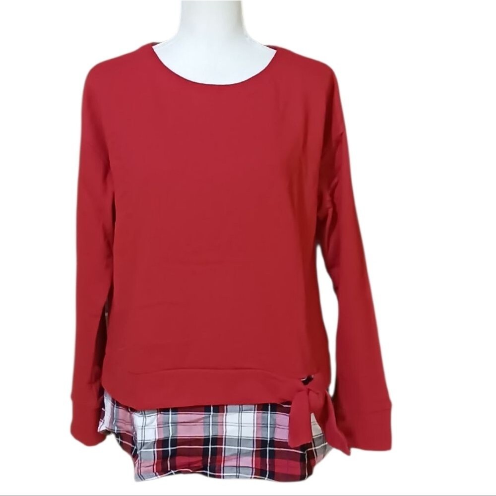 Izod Layered Look Tango Red Plaid Sweatshirt Top Women's M New